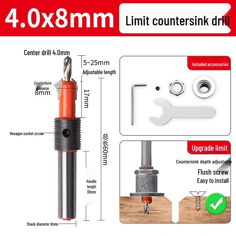 Stepped Woodworking Countersink Drill Bit with Depth Stop and Locator