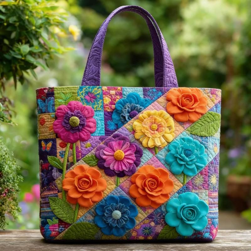 Floral Print Quilted Tote Bag - Shoulder Hand Carry Medium Size Street Style