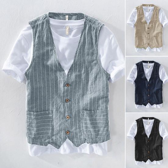 

Жилет, рубашка, полосатый узор, впитывающий пот, мужской винтажный льняной костюм, жилет