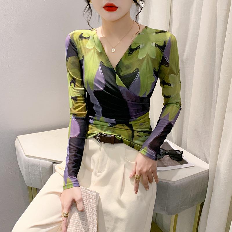 

Европейская 2025 Осень/Зима Рубашка с V-образным вырезом, сборками, сетчатым принтом, приталенная, с длинным рукавом XL