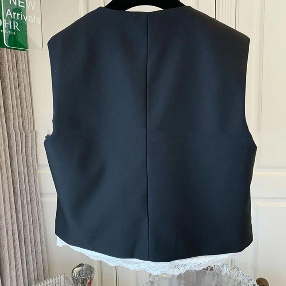 Damen Spitzen Patchwork Weste Koreanische O-Ausschnitt Lässige Ärmellose Jacken 2025 Damen Lockerer Weste Vintage Chic Oberteile Damenbekleidung