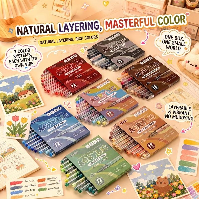 12 Colors Acrylic Markers Soft Brush Pen Tip 7 Color Systems For Drawing Anime Painting DIY Rock Halloween Gifts Art Supplies