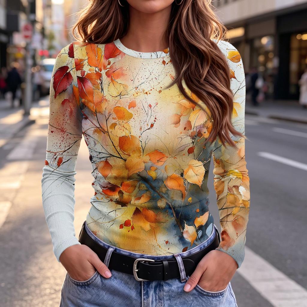 Women's Slim Fit Long Sleeve T-Shirt with Maple Leaf Print Crewneck Casual Top for Fall and Winter