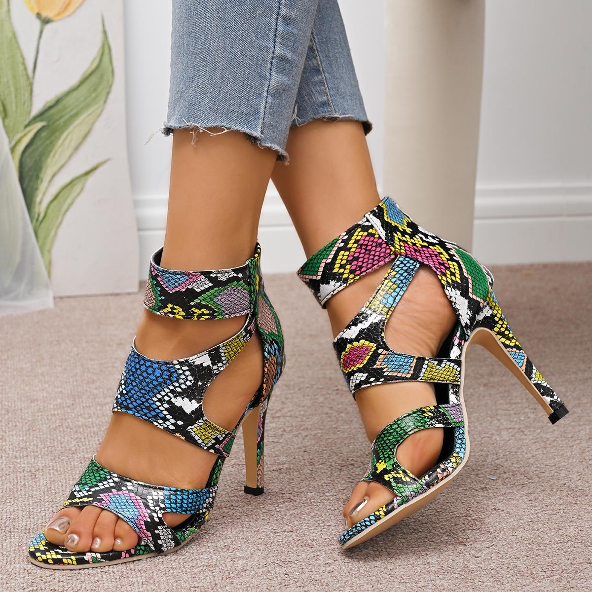 

Colorful Snake Pattern Super High Heels Sandals Women 2025 Summer Brand Design Cross Strap Sandals Sexy Nightclub Shoes Women 43