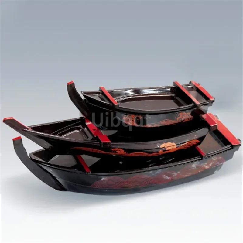 Black Red Sushi Sashimi Boat Ice Food Seafood Plate Salmon Sashimi Tray Creative Japanese Food Container Sushi Barrel Decor Boat
