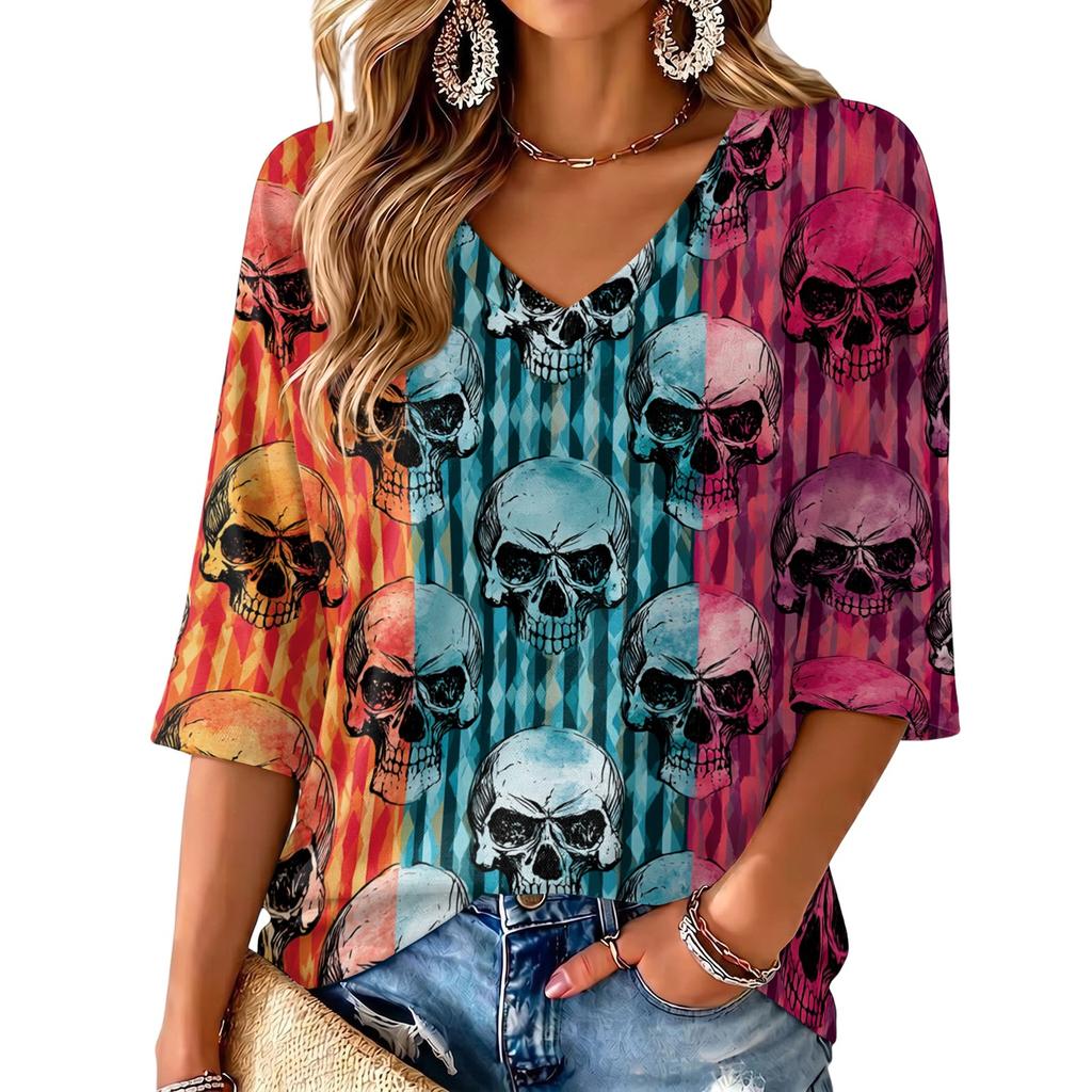Women's V-Neck Halloween Print Lightweight Top for Spring and Summer