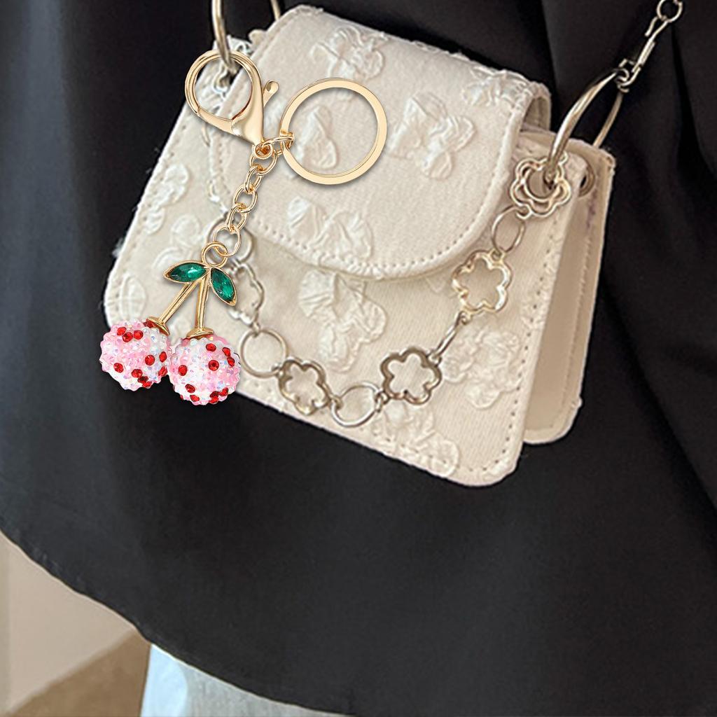 Elegant Rhinestones Cherry Bag Pendant Crystal Studded Fruit Shaped Key Ring Fashionable Handbag Charm Accessories