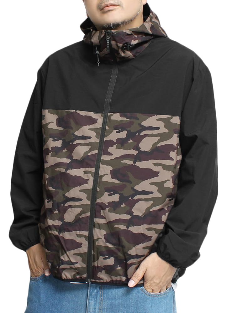 

One Colors Mountain Large Blouson Size Camouflage x Black Men s Parka, Size, Windproof, Water-Repellent, Stretch, Outdoor, Contrast-Split Stand-Up