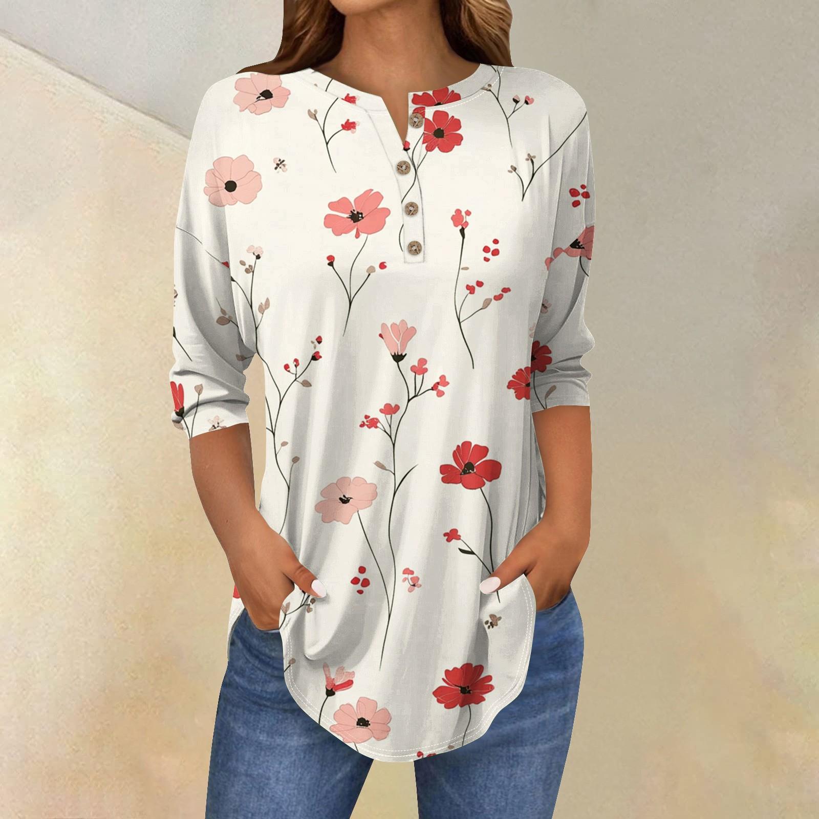 

Женская модная повседневная футболка с рукавом три четверти, цветочным принтом и круглым вырезом XXL бежевый