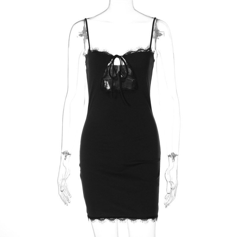 European and American Style Hot-Selling Women s Clothing 2025 Summer New Fashion Sexy Hollow-Out Lace Trim Strap Dress Black S