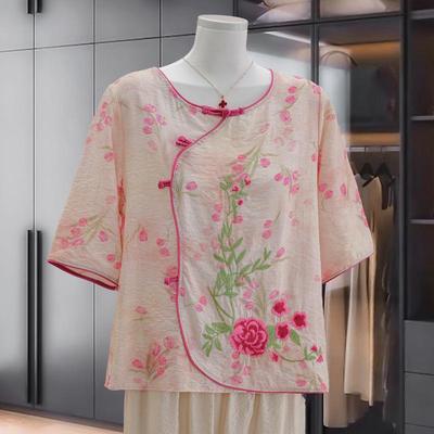 Retro Tencel Cotton Linen Short Sleeve Top for Middle-aged Moms – Breathable & Loose Fit