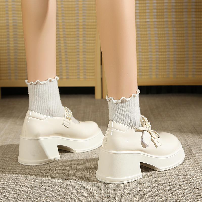 Fashion Vintage High Heels Mary Jane Shoes for Women 2025 Patent Leather Platform Pumps Woman Pearls Thick-Heeled Shoes Female