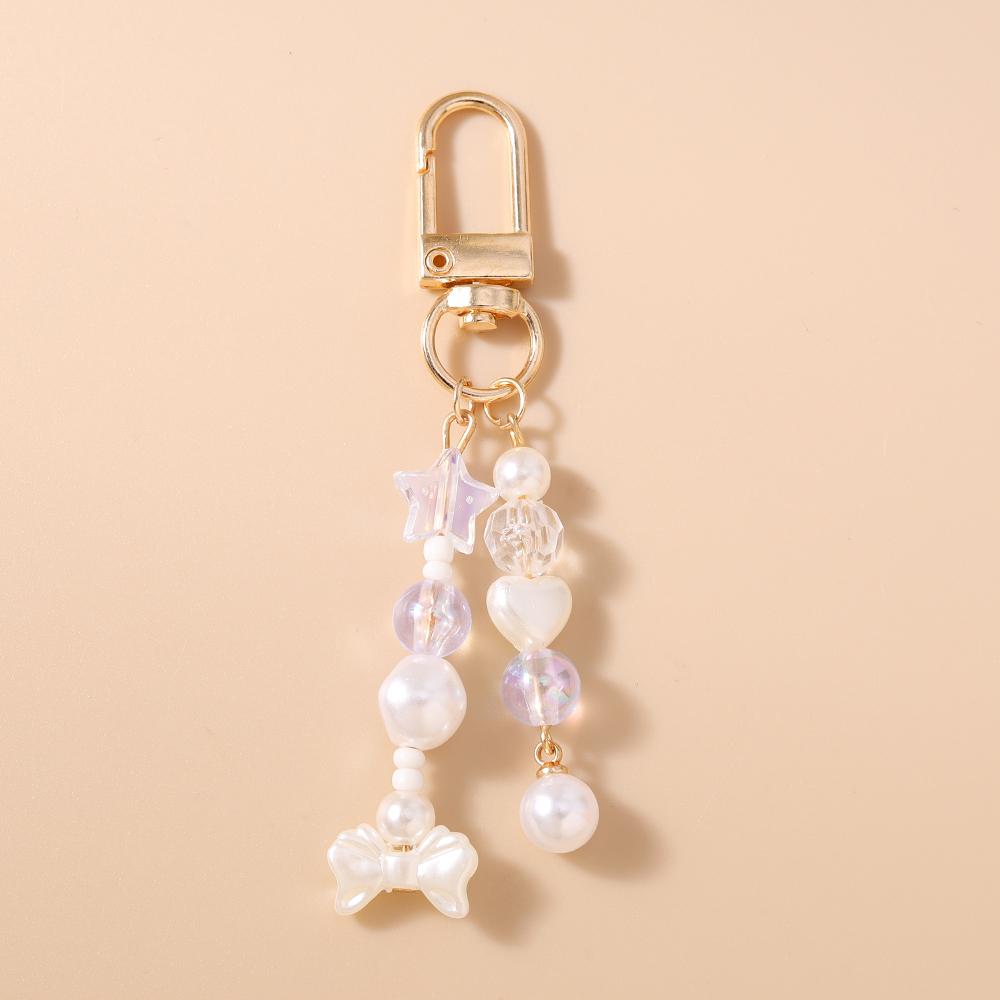Cute Bowknot Love Heart Keychain Women Girl Pearl Beaded Key Ring Pendants for Handbag Decor DIY Handmade Key Chain Gift