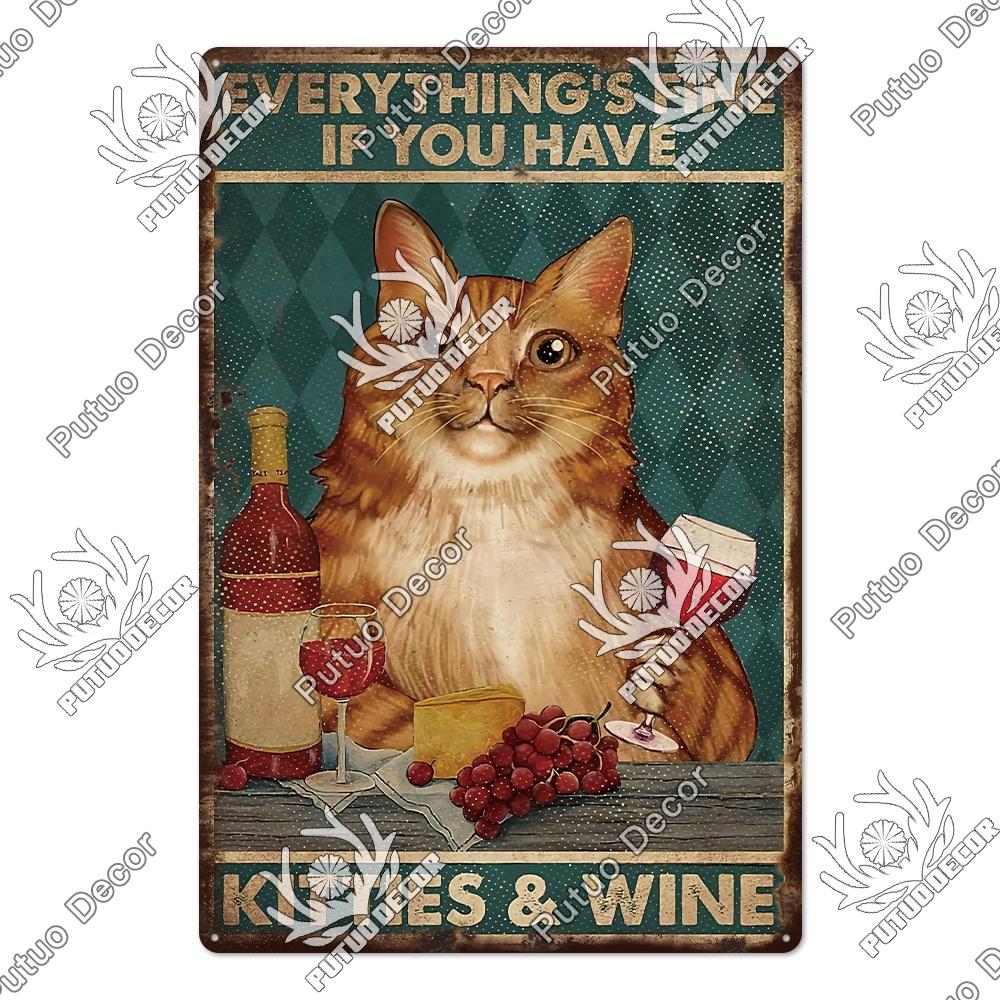 Putuo Decor Cute Cat Vintaget Tin Signs Retro Plaque Metal Plate Wall Art Decor for Home Cafe Living Room Pet Shop Iron Poster