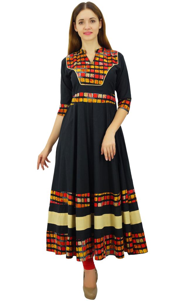 Bimba Women's Cotton Kurti Long Flared Anarkali Kurta 3 4 Sleeve Designer Indian Tunic| Black|