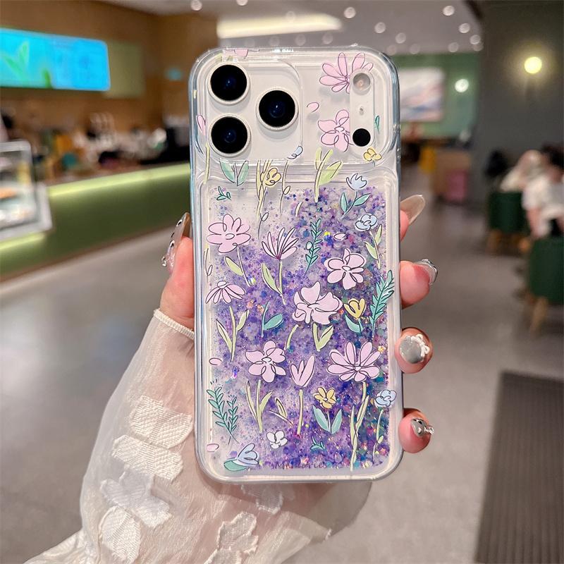 Grass Flowers Glitter Quicksand Case for iPhone 15 16 17 Pro Max Luminous Purple Moving Sand Glossy Liquid Cover Phone Fundas