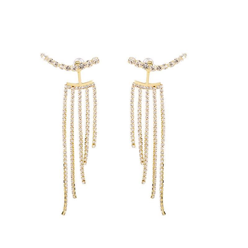 Silver Needle Long Tassel Full Diamond Stud Earrings: Versatile Curved Design for an Elegant and Fairy-like Look