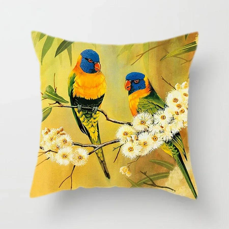 Cute Bird And Flower Pattern Double-Sided Printed Pillow Cover Short Plush Suitable Living Rooms Bedrooms Throw Cushion Cover