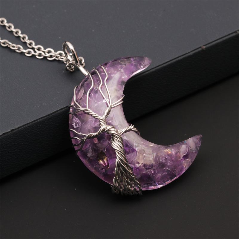 Natural Crystal Moon Pendant Necklace Tree of Life Amethyst Reiki Polished Mineral Jewelry Healing Stone for Men Women Jewelry