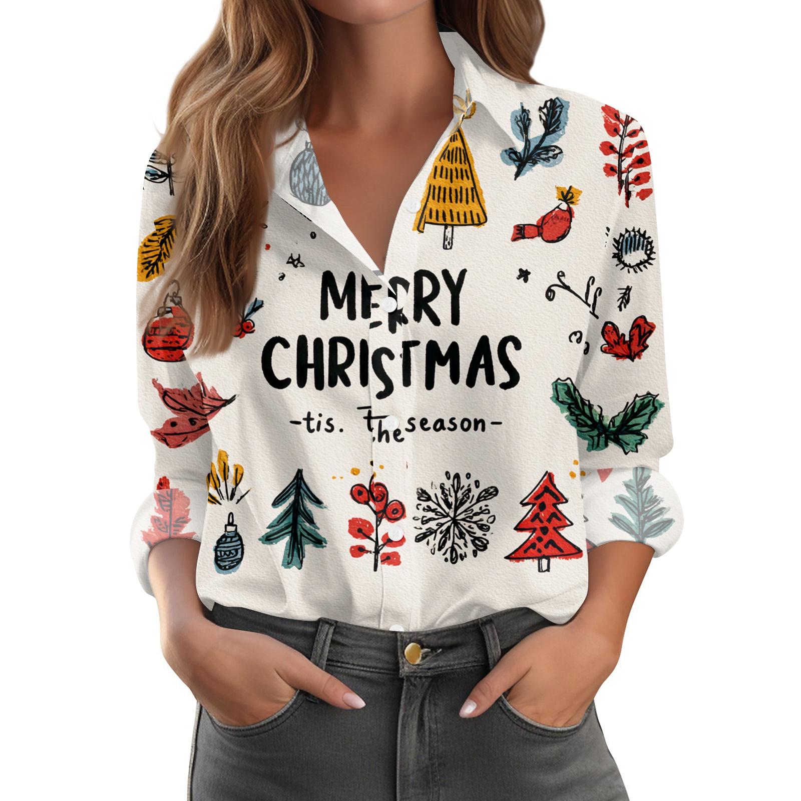

Женская повседневная рубашка с рождественским принтом, полуоткрытым воротником и длинными рукавами XL белый