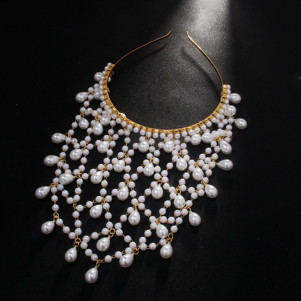 Bohemian Grid Hollowed Pendant Headdress Costume Women Carnival Headband 1920s Pearl Hair Fashion Vintage Headwear Accessories