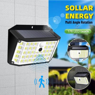 176 Luzes Solares LED para Exterior à Prova d'Água com Sensor de Movimento Alimentadas a Energia Solar Holofotes de Segurança Luzes de Parede 3 Modos Quintal Deck Jardim