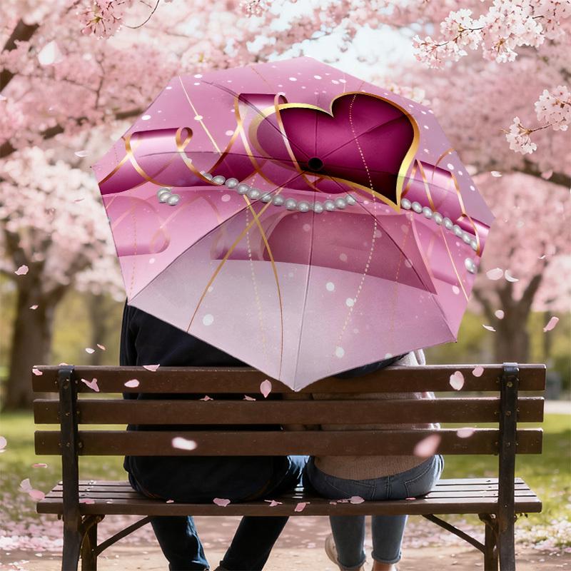1pc Heart Pearls Automatic Folding Umbrella, Heavy Duty 8 Rib Iron Frame,  Suitable for Travel, Daily Use, Birthday, Decor Gift m0104053