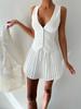 Summer Sexy Patchwork 2 Piece Set Women Elegant Single-breasted Tops + Pleated Mini Skirt Fashion Retro Solid Slim Office Lady Suits