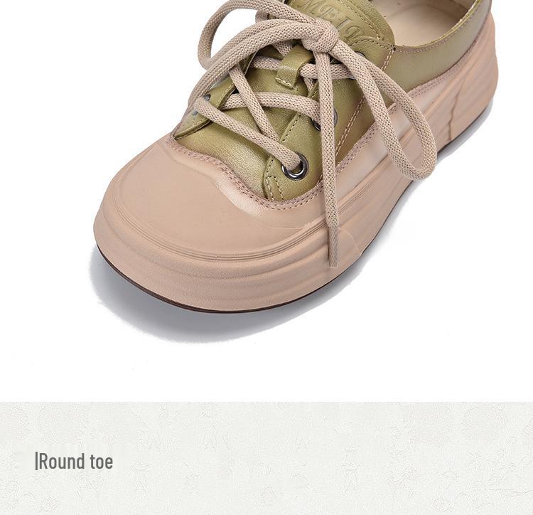 Women's Round Toe Lace-Up Leather Sneakers - 2025 Spring Collection