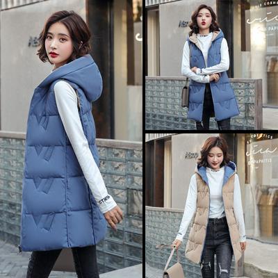 Autumn and Winter Women's Solid Color Loose Vest Hooded Long Reversible Vest Jacket Cotton Padded Women's Windproof Warm Vest