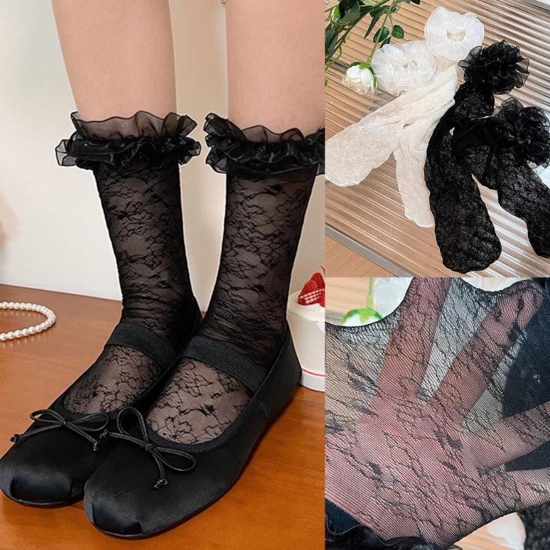 Womens Ruffle Socks Cute Lolitas Crew Socks Frilly Dress Socks Girls Turn-Cuffs High Ankle Socks Sheer Lace Mesh Socks