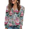 Women's Fashion V-Neck Button-Up T-Shirt With Christmas Print Long-Sleeved Top