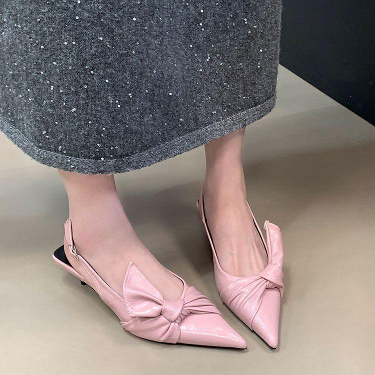 French Medium Heel Bag Head Sandals Women's 2025 New Spring and Summer Pointed Fashion Bow Pointed Fashion Temperament Single Shoes