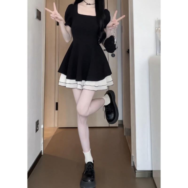 Black Square Neck A-Line Mini Dress With Puff Sleeves Vintage Hepburn Style Vacation Outfit Women Small