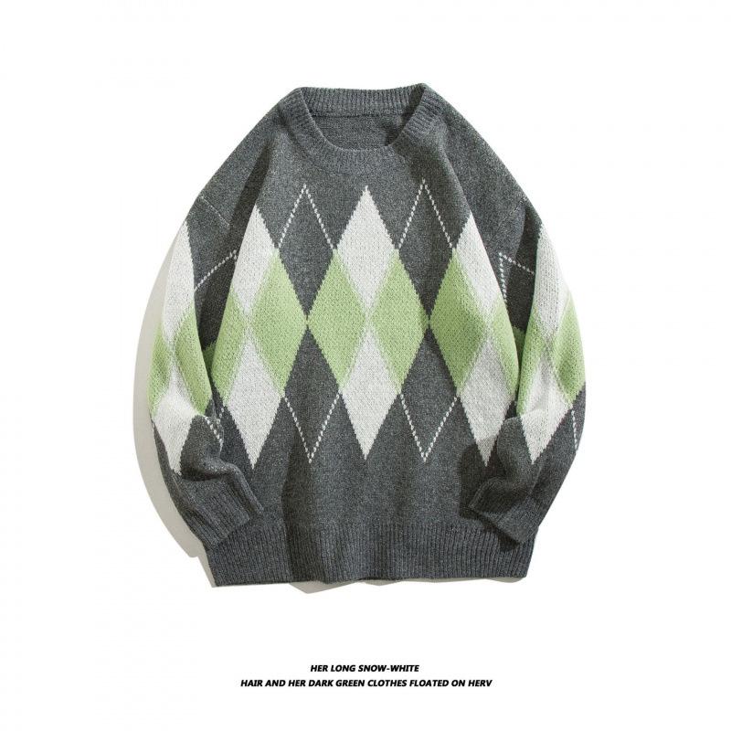 Men's Hong Kong Style Retro Diamond Pattern Loose Knit Sweater - Color Block Pullover & Cardigan for Autumn/Winter.