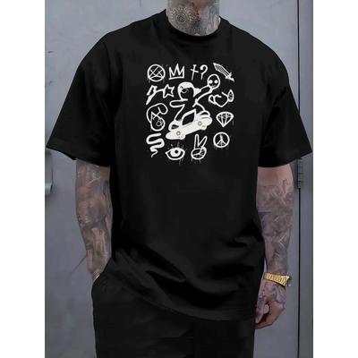 Europäische Größen Herren Übergröße Street Art Graffiti Kurzarm-T-Shirt | Trendiges Cartoon-Print-Design, Atmungsaktiv für den Sommer, Maschinenwaschbar