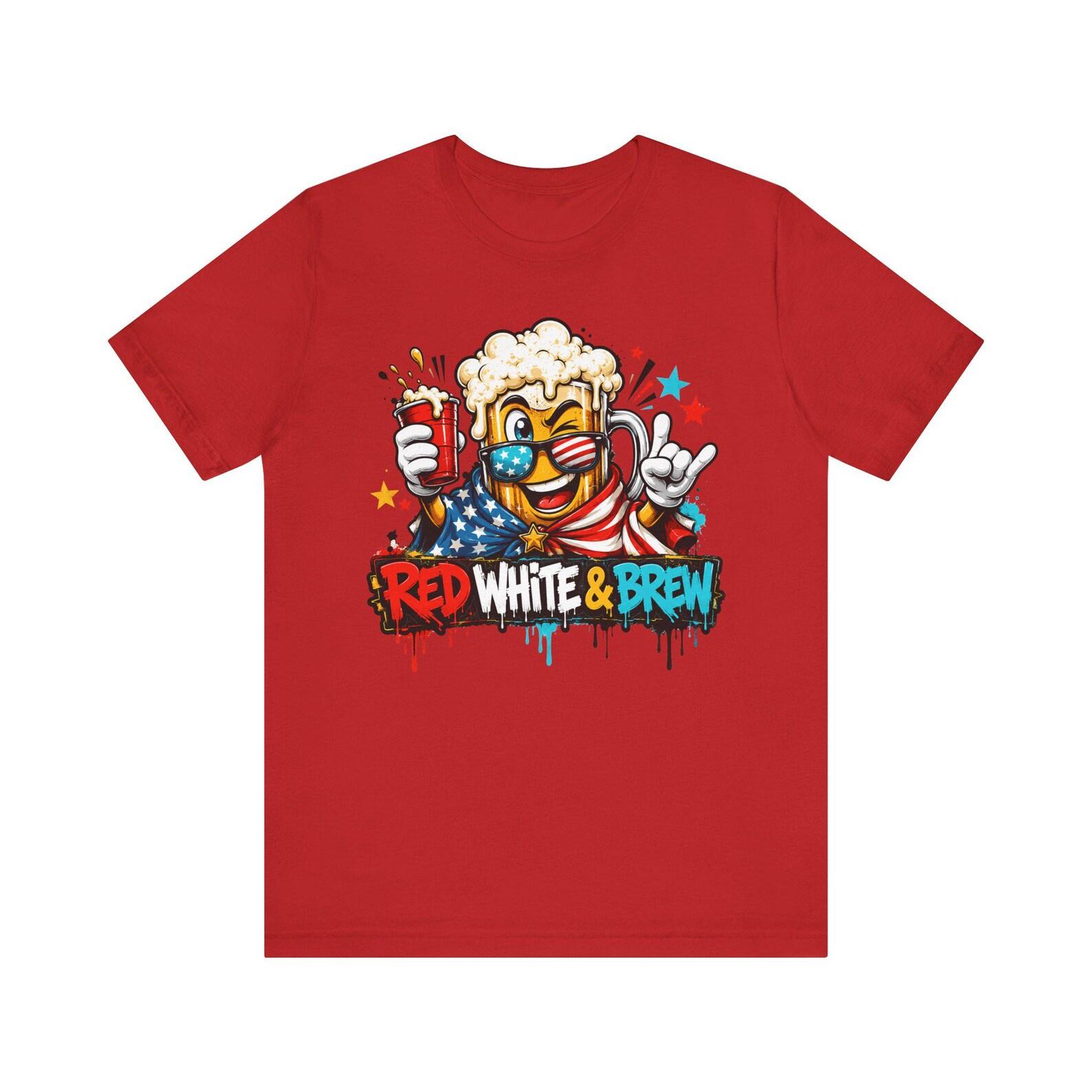 Red White & Brew 4th of July T-Shirt | Patriotic Beer Mascot American Flag Graphic Tee 3XL