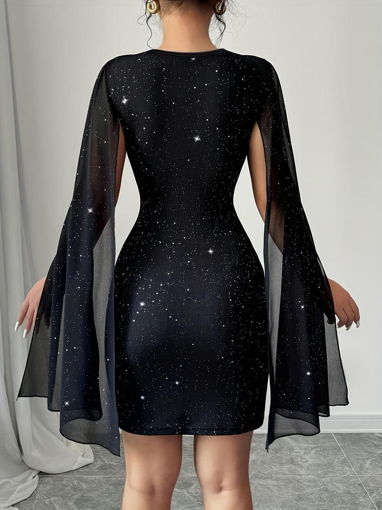 Europäisches und Amerikanisches Geripptes Perlen-Chiffon-Umhangkleid für Damen - Rundhalsausschnitt, Hüftbetonter Schnitt