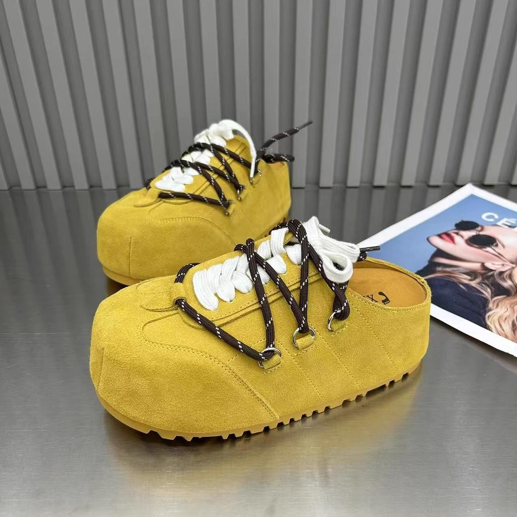 European thick-soled bag head slippers women's 2025 spring new high-end leather lace-up Boken shoes outer lace-up slippers