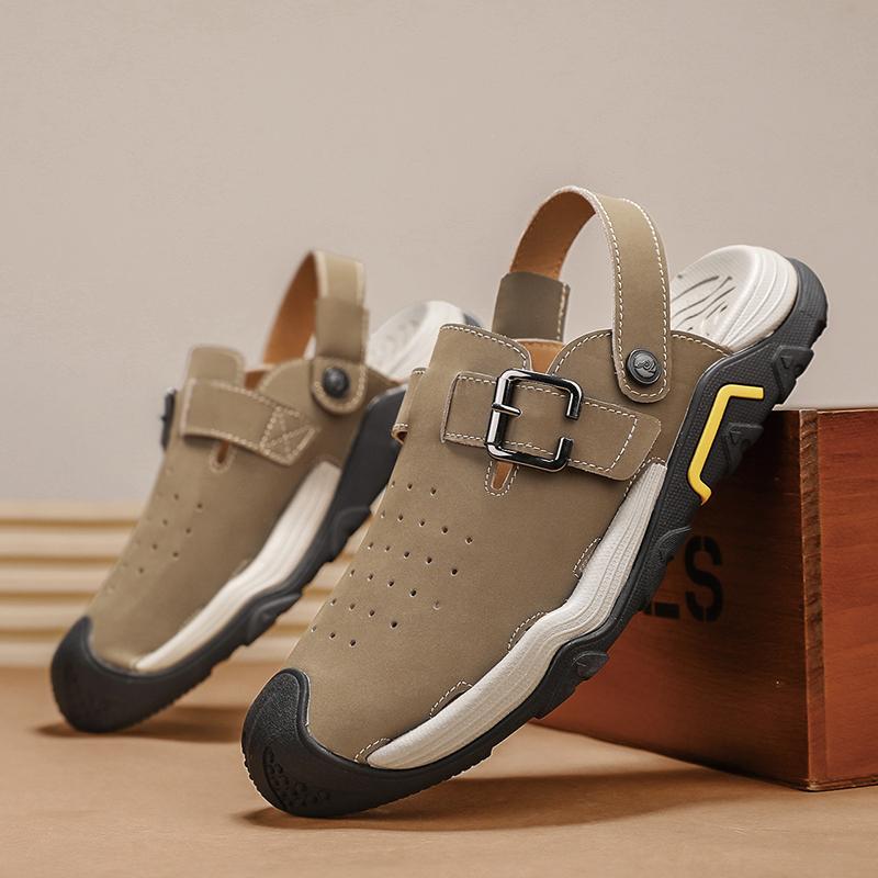 Lightweight Flats Beach Walking Sandal Men Leather Thick Soled Soft Sole Casual Sandals Breathable Comfortable Dual-use Slippers