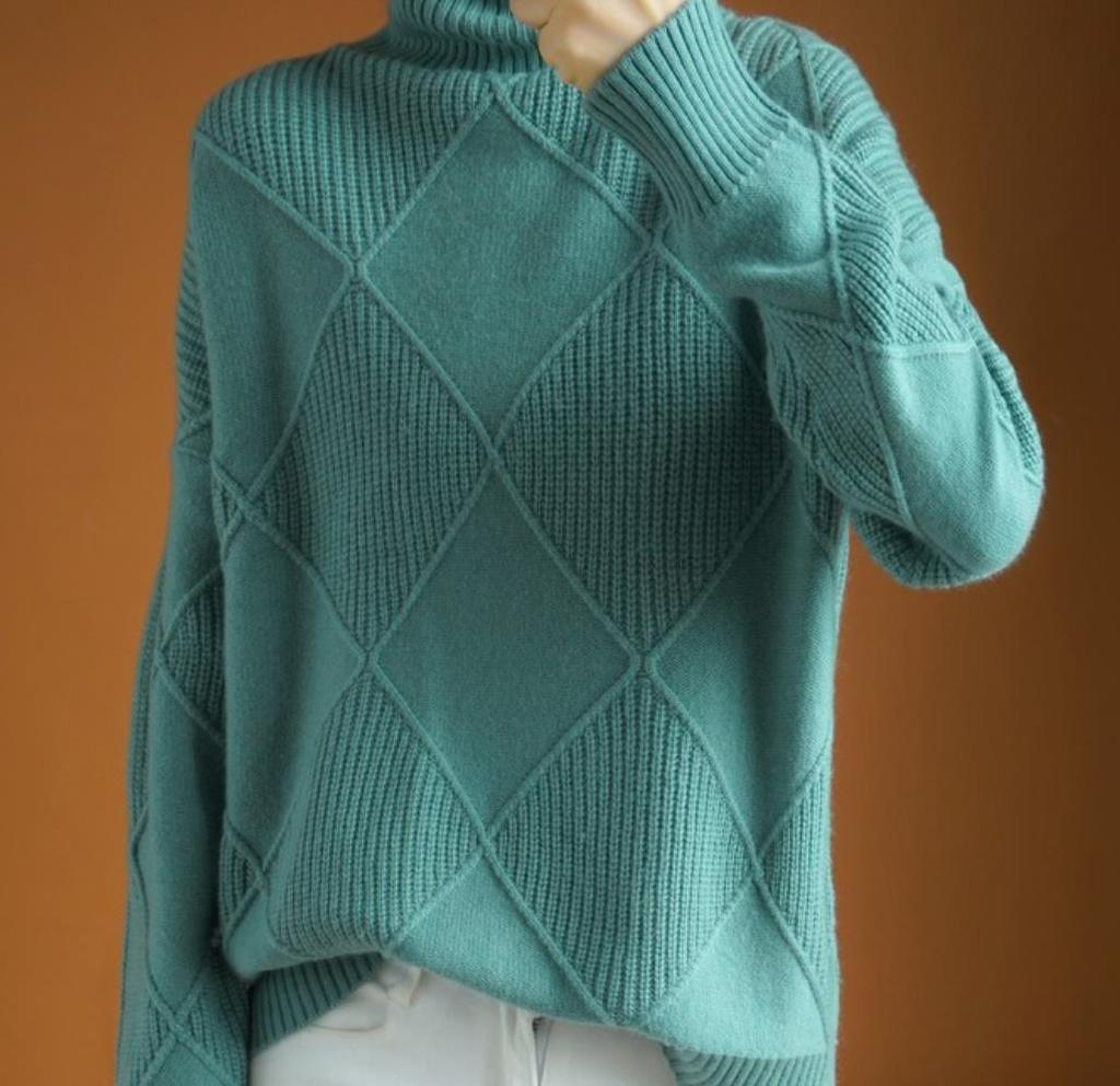 Women's Diamond Pattern High Neck Sweater - Loose Fit, Autumn/Winter Knitwear, Long Sleeve Outerwear, Korean Fashion Style.
