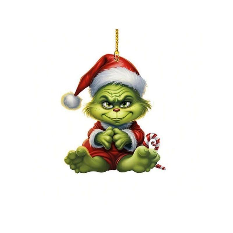 Acrylic Flat 2D Christmas Tree Pendant, Mirror Green Hair Monster - for Holiday Decorations, Halloween, Thanksgiving Flat Christmas Tree Pendant