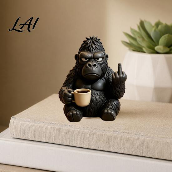 Funny Gorilla Hippo Elephant Figurines Middle‑Finger Figurine with Coffee Cup Resin Animal Statue Novelty Desktop Home Decor for Living