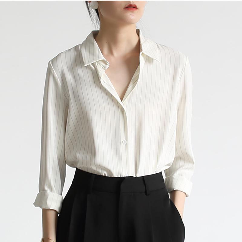 Women's Ash Blue Satin Long Sleeve Shirt - Retro Hong Kong Style, Spring Commute, Concealed Placket, Versatile Drapey Blouse