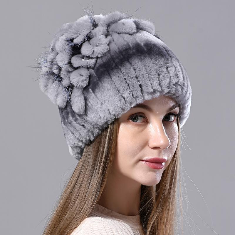 New Luxury Women Fur Hat For Winter Handmade Natural Rex Rabbit Fox Fur Cap Fluffy Female Fur Headgear Brand Warm Beanies Cap