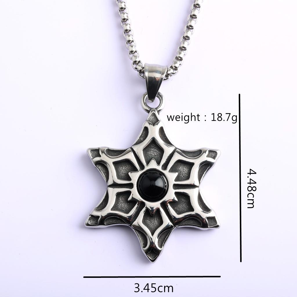 Vintage Mens Stainless Steel Pendant Black Gemstone Hexagram Necklace