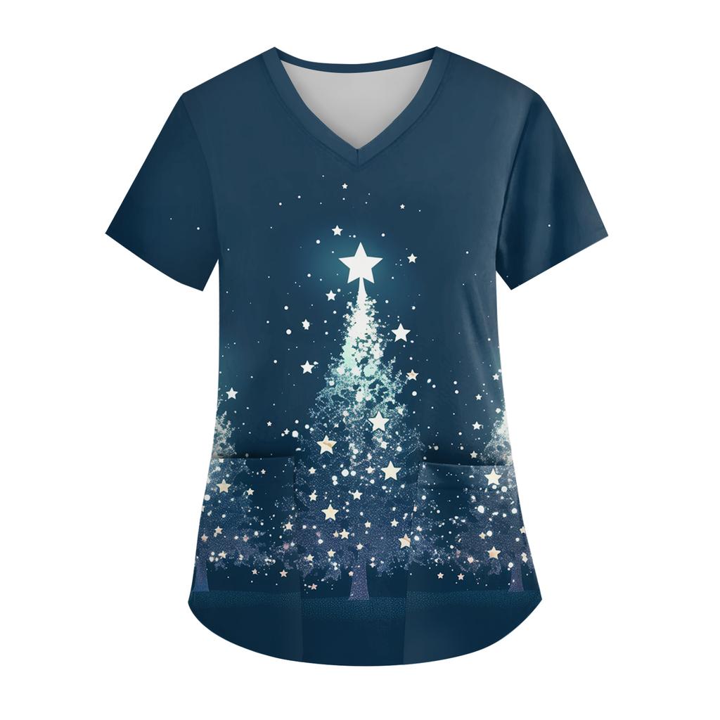 Dámský top s výstřihem do V, vánočním potiskem, krátkým rukávem, kapsou a bočním rozparkem
