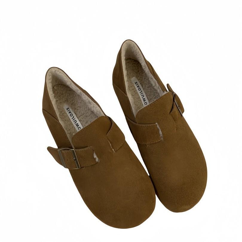 Retro Doudou Shoes Women's Velvet 2025 Autumn and Winter New Simple Soft Sole Round Head Flat Bottom Casual One-pedal Women's Single Shoes