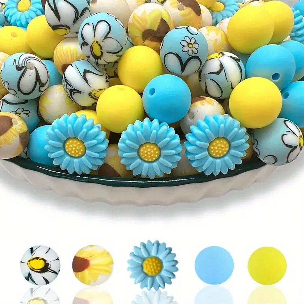 25PCS daisy and floral printed silicone bead set, punk style, suitable for DIY keychains, bracelets, bead pens