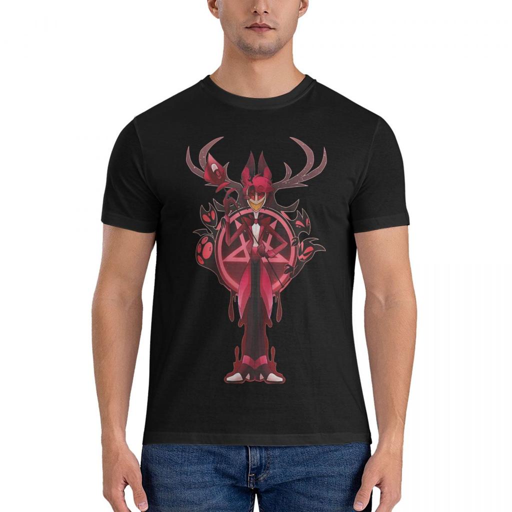 Alastor T-shirt för män Hazbin Tecknad Hotell Fantastiska Bomulls T-shirts Rund Hals Kortärmad T-shirt Presentidé Kläder Skjorta